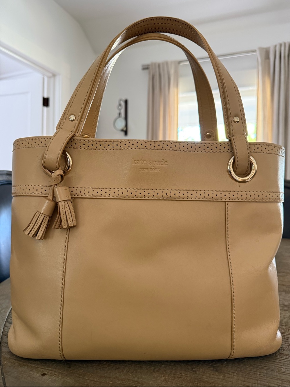 kate spade Beige Leather Tote with Tassel Detail